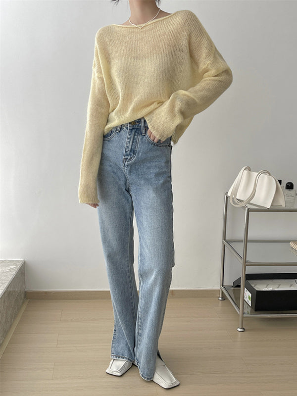 flowersverse Gentle Mohair Knitted Loose Long Sleeves Solid Color Thin Sweater Tops