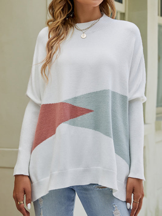 flowersverse Contrast Color Batwing Sleeves Long Sleeves Round-Neck Sweater Tops Pullovers Knitwear
