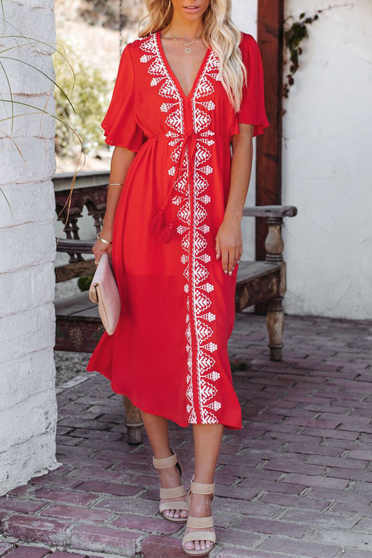 flowersverse Casual Print Patchwork V Neck Cake Skirt Dresses(3 Colors)