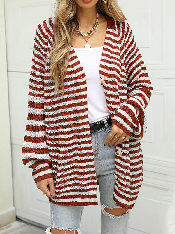flowersverse Casual Loose Long Sleeves Striped V-Neck Cardigan Tops