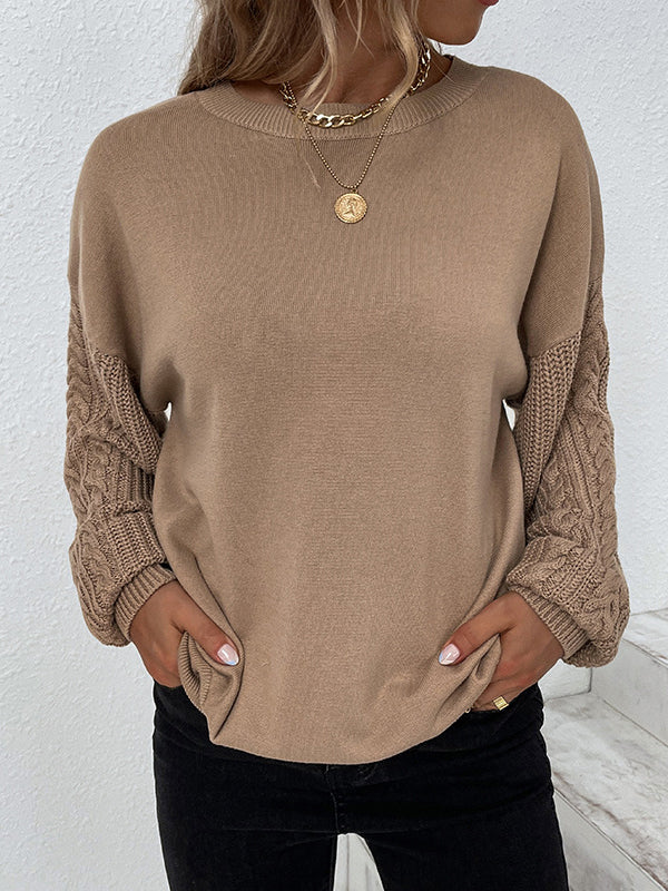 flowersverse Knitted Twist Long Sleeves Solid Color Round-Neck Sweater Tops