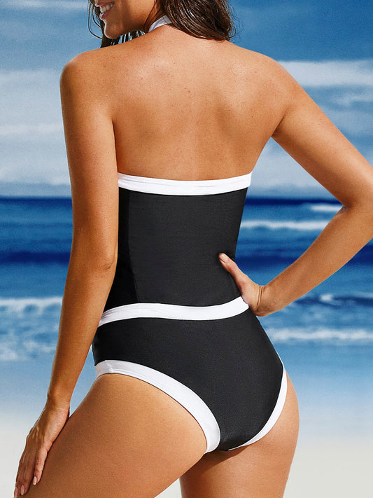 flowersverse Casual Gathered Color Block Crew Neck Tankinis Two-Piece Set