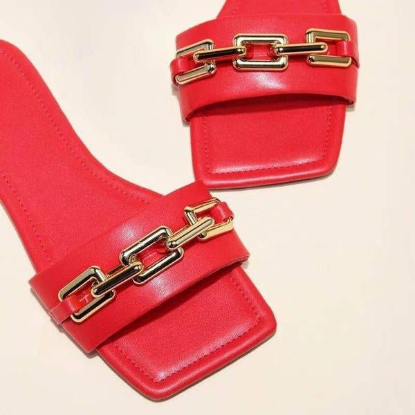 flowersverse Summer Fashion Women Flat Casual Slippers Square Toe Chain Sandals