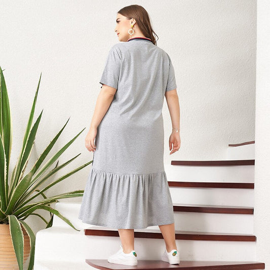 flowersverse Summer Women Plus Size Dress Striped Side Ruffle Hem Turndown Collar Lapel Buttoned Pullover Casual Loose Dresses