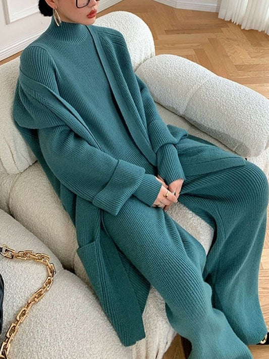 flowersverse Stylish Solid 3 Piece High-Neck Sweater & Wide Leg Pants& Cardigan Tops Set