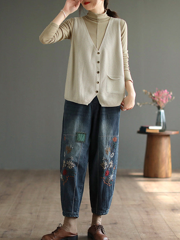 flowersverse Vintage Loose Embroidered Elasticity Harem Jean Pants Bottoms