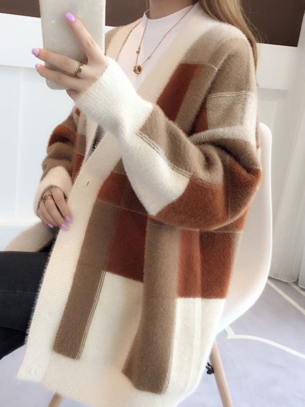 flowersverse Casual Long Sleeves Loose Buttoned Contrast Color Plaid Deep V-Neck Sweater Tops Cardigan Coats