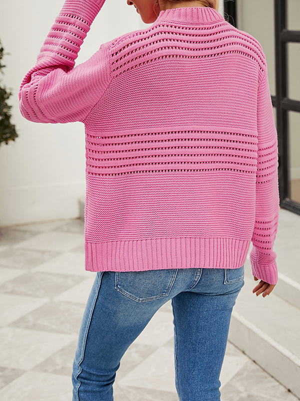 flowersverse Hollow Solid Color Long Sleeves Loose Round-Neck Sweater Tops Pullovers Knitwear