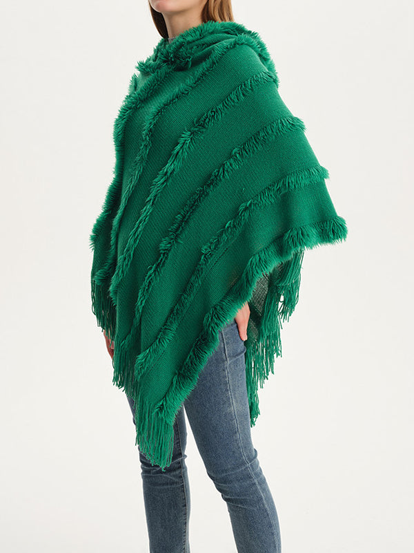 flowersverse Hooded Keep Warm Solid Color Tasseled Shawl&Cloak Cape