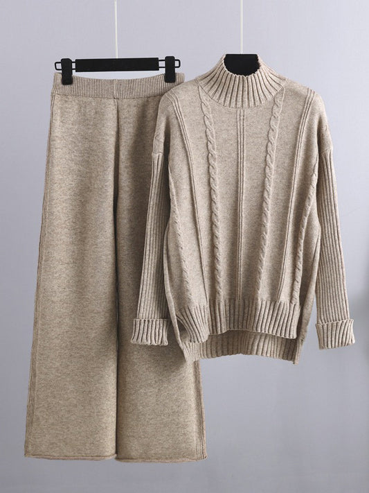 flowersverse Loose Long Sleeves Split-Side Solid High-Low Half Turtleneck Sweater Tops & Wide Leg Pants Two Pieces Set