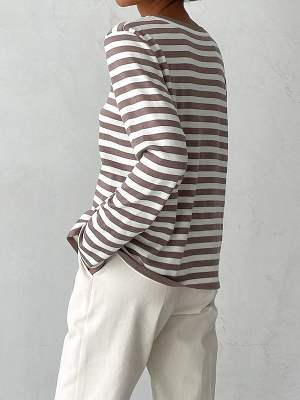 flowersverse Split-Joint Striped Long Sleeves Loose Round-Neck Sweater Tops