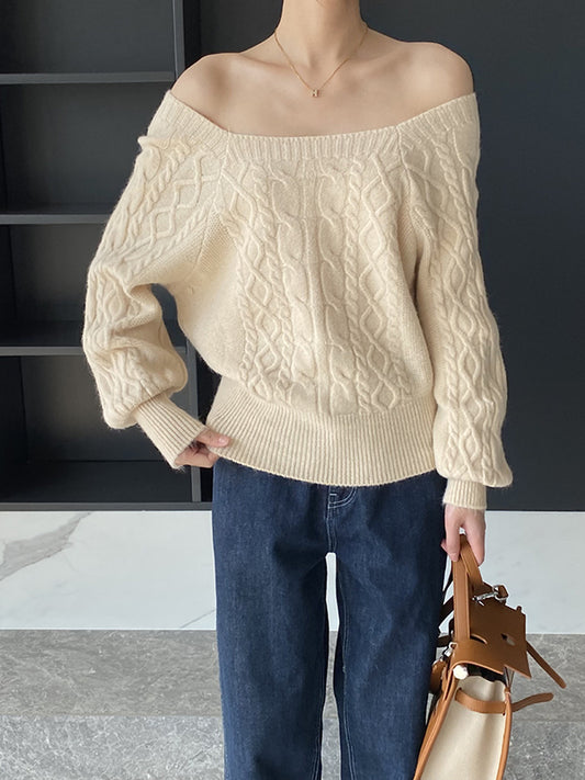 flowersverse Solid Color Long Sleeves Off-The-Shoulder Sweater Tops Pullovers Knitwear