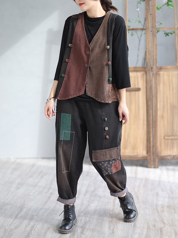 flowersverse Loose Split-Joint V-Neck Vest Top + Jean Harem Pants Bottoms Two Pieces Set