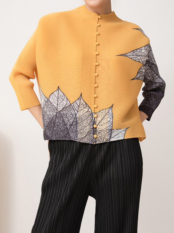 flowersverse Buttoned Leaves Print Long Sleeves Loose Round-Neck Outerwear