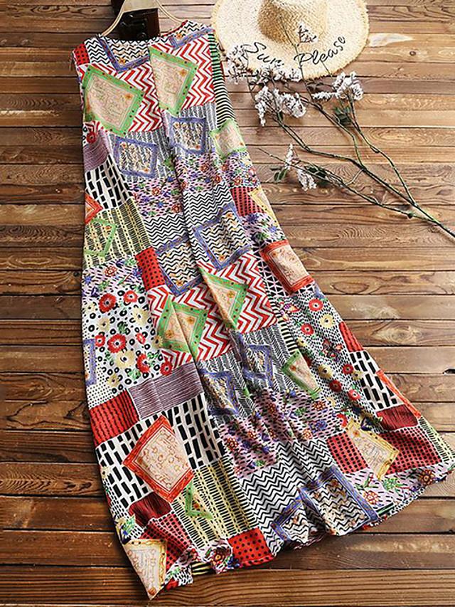 flowersverse Women's A-Line Dress Maxi Long Dress Sleeveless Tribal Print Summer Hot Casual Mumu Khaki M