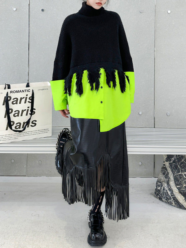 flowersverse Asymmetric Fringed Split-Joint A-Line Long Sleeves High Neck Sweater Tops Pullovers Knitwear