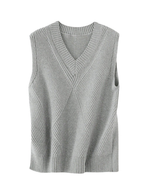 flowersverse Casual Sleeveless Loose Solid Color V-Neck Vest Outerwear