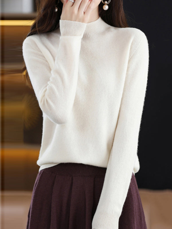 flowersverse Office Long Sleeves Solid Color High-Neck Sweater Tops Pullovers