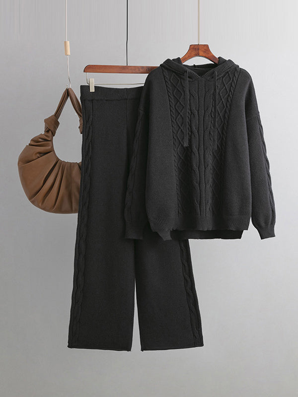 flowersverse Urban Loose Solid Color Hooded High-Low Sweater Tops & Wide Leg Pants Two Pieces Set