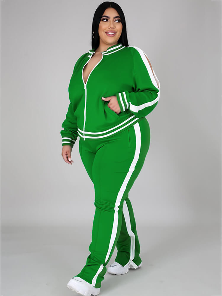 flowersverse Plus Size Cold Shoulder Jacket+Pants Sets