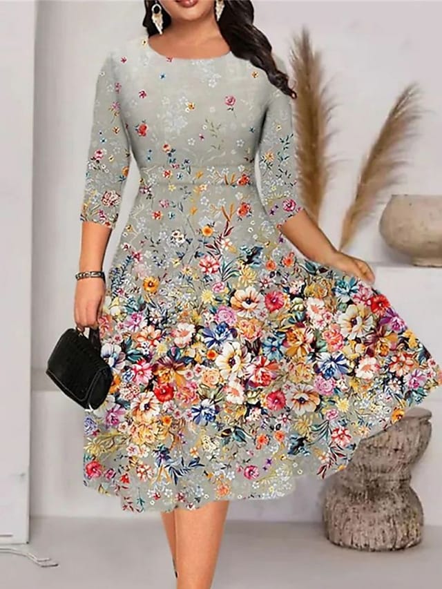 flowersverse Women's Plus Size Work Dress A Line Dress Floral Midi Dress Half Sleeve Print Crew Neck Elegant Office Blue Purple Spring Summer XL XXL 3XL 4XL 5XL