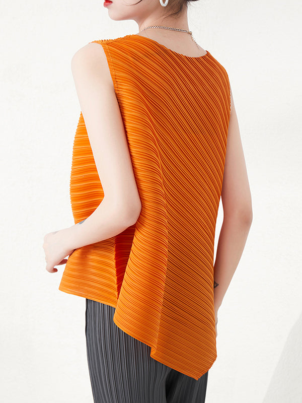 flowersverse Simple Loose Sleeveless Pleated Asymmetric Solid Color Round-Neck Vest Top