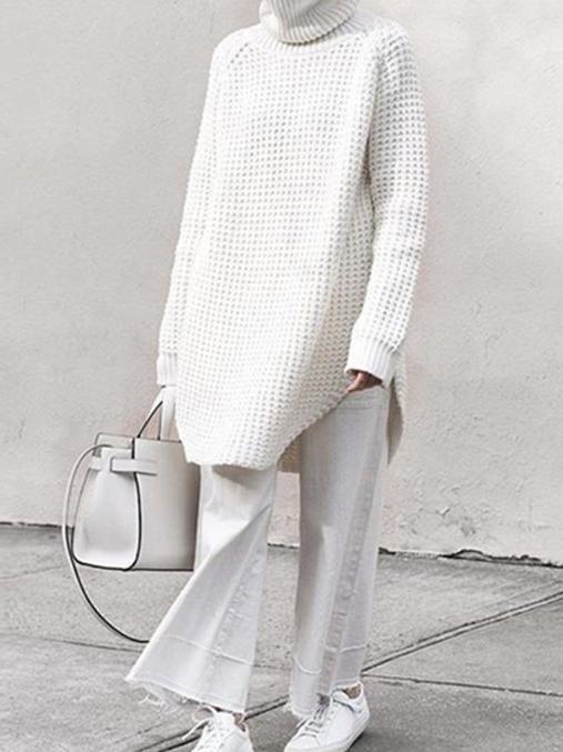 flowersverse Loose Solid Knitting High-neck Long Sweater