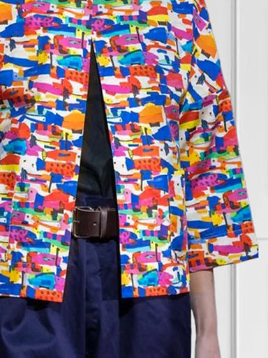 flowersverse Loose Three-Quarter Sleeves Contrast Color Printed Lapel Collar Outerwear