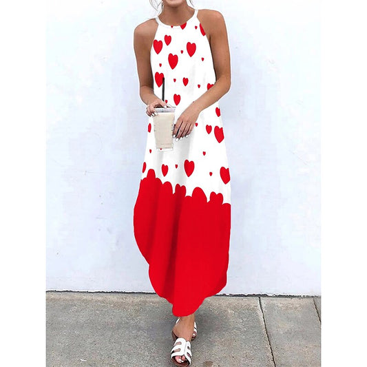 flowersverse Women's Long Dress Maxi Dress Casual Dress Shift Dress Summer Dress Floral Geometric Heart Casual Classic Outdoor Daily Holiday Backless Print Sleeveless Crew Neck Dress Loose Fit White Pink Blue