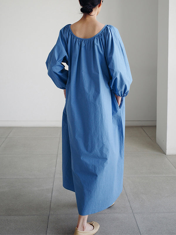 flowersverse Original Casual Loose Solid Color Pleated Puff Sleeves Midi Dress
