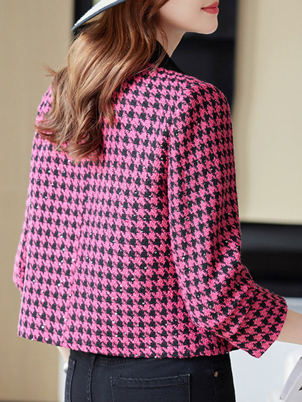 flowersverse Buttoned Houndstooth Pockets Split-Joint Long Sleeves Plus Size Lapel Outerwear
