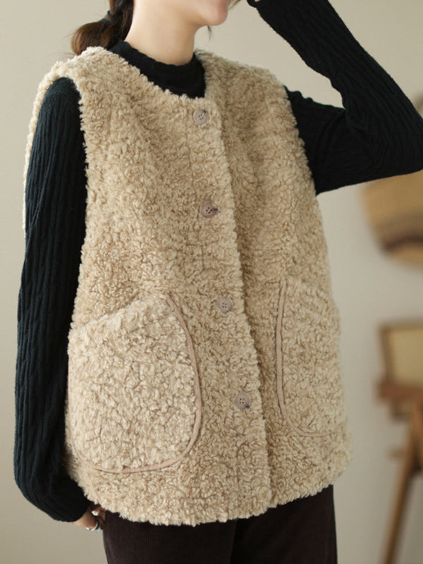 flowersverse Buttoned Pockets Loose Sleeveless Round-Neck Vest Outerwear