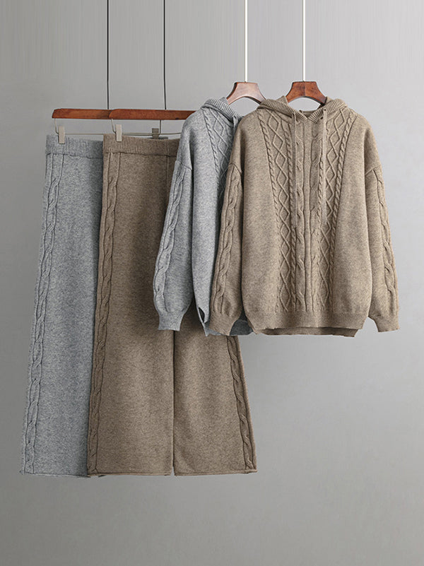 flowersverse Urban Loose Solid Color Hooded High-Low Sweater Tops & Wide Leg Pants Two Pieces Set