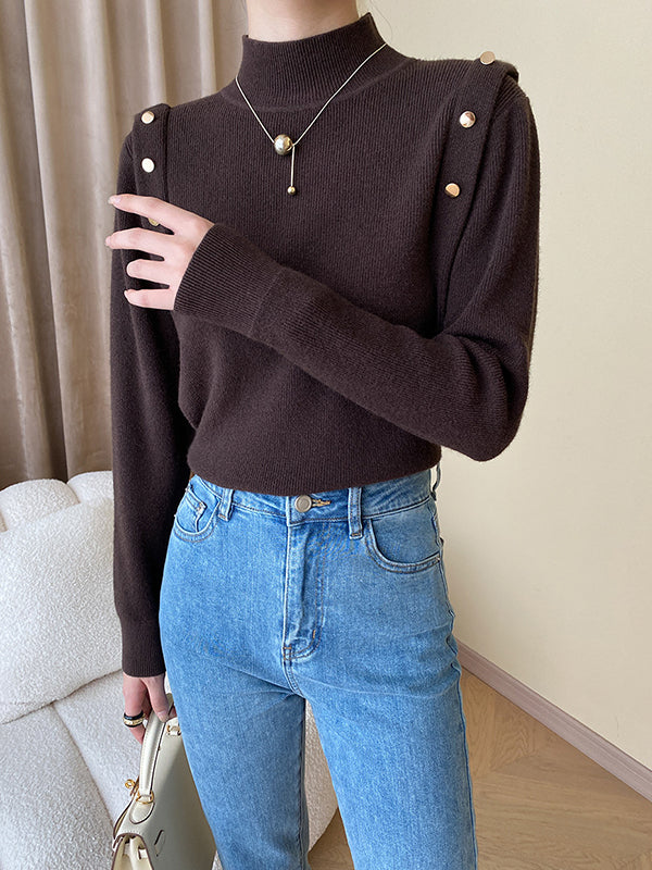 flowersverse Buttoned Split-Joint Long Sleeves High-Neck Sweater Tops