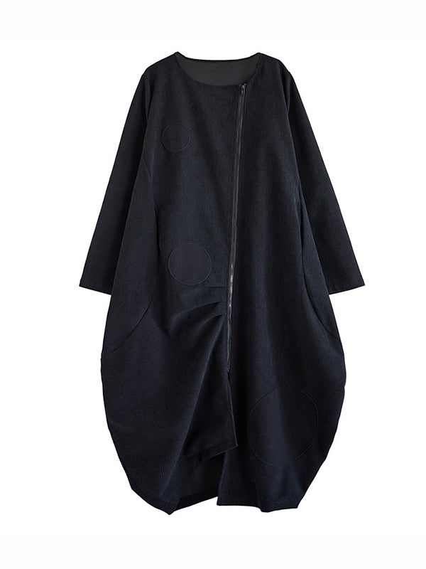 flowersverse Asymmetric Pleated Polka-Dot Split-Joint Zipper Long Sleeves Loose High-neck Outerwear Midi Dresses