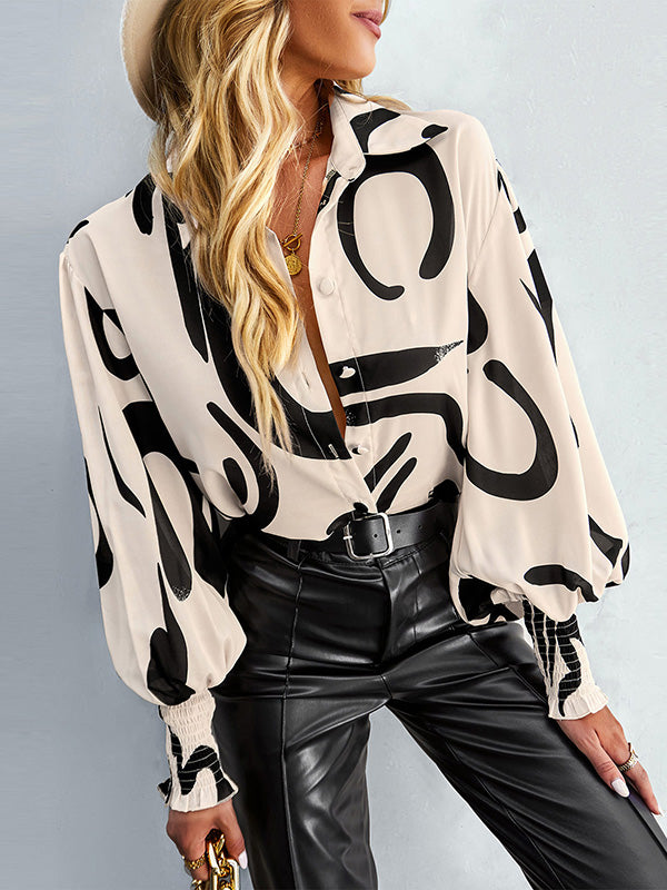 flowersverse Casual Loose Long Sleeves Printed Lapel Collar Blouses&Shirts Tops