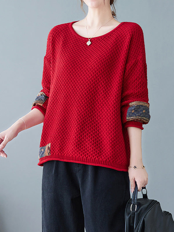flowersverse Printed Split-Joint Long Sleeves Loose Round-Neck Sweater Tops Pullovers