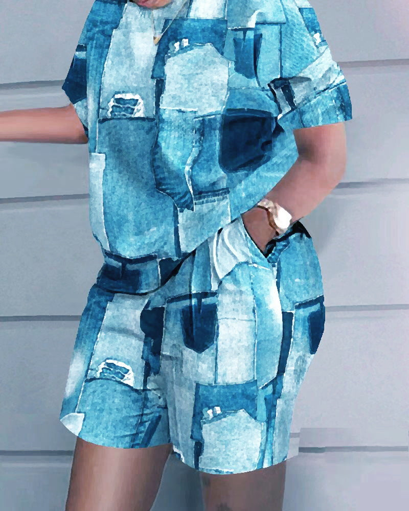 flowersverse Women's Loose Casual Print Plus Size Two-Piece T-Shirt Shorts Set