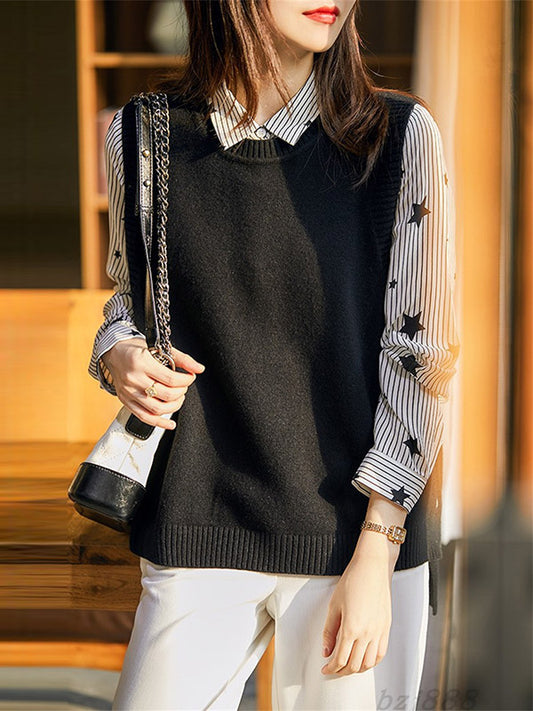 flowersverse Casual Sleeveless Loose Solid Color Round-Neck Knitting Vest Outerwear