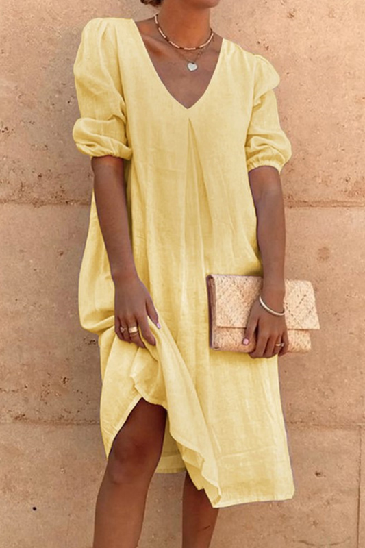 flowersverse Casual Solid Split Joint Fold V Neck A Line Dresses