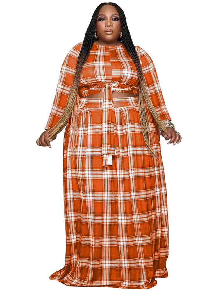 flowersverse Two Piece Plaid Crop Top Maxi Skirt Plus Size Set