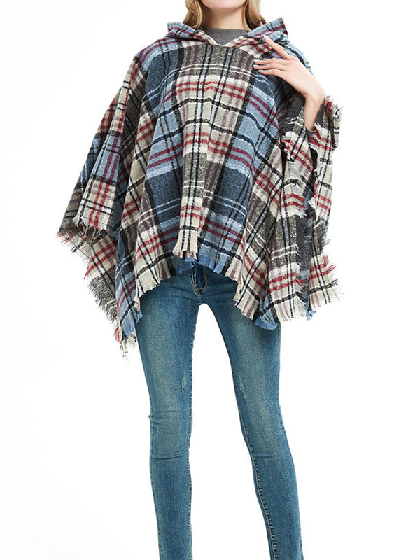 flowersverse Fringed Hooded Keep Warm Plaid Shawl&Cloak Cape
