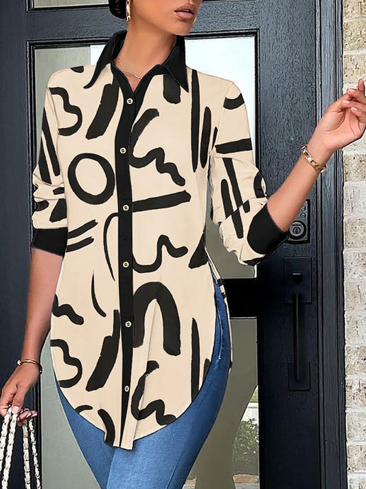 flowersverse Casual Loose Long Sleeves Striped Printed Split-Side Polo Blouses&Shirts Tops