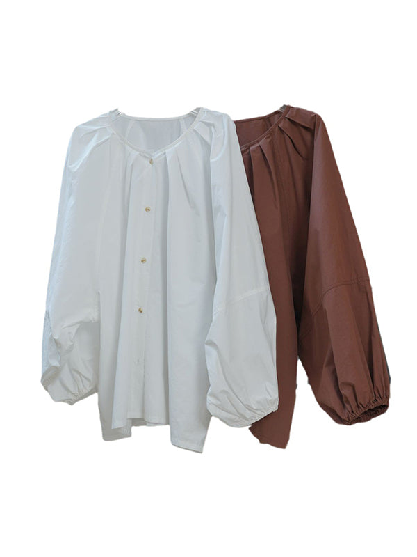 flowersverse Buttoned Elasticity Pleated Solid Color Bishop Sleeve Long Sleeves Round-Neck Blouses&Shirts Tops