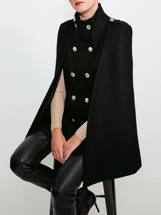 flowersverse Loose Buttoned Solid Color Stand Collar Woolen Coat Cape Coats