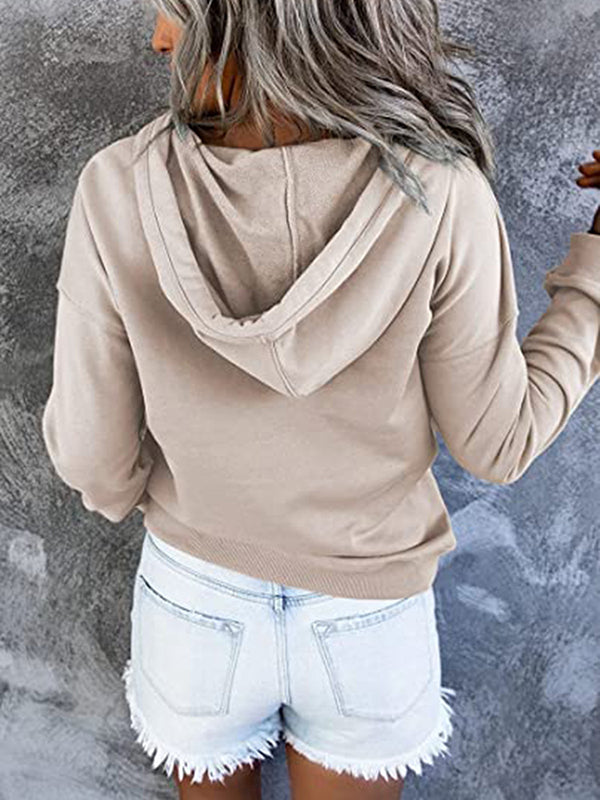 flowersverse Drawstring Pockets Split-Joint Long Sleeves Loose Hooded Hoodies Tops