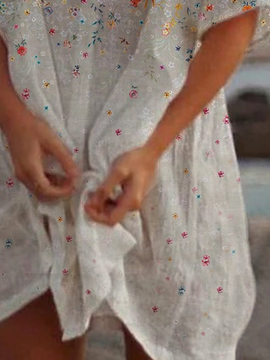 flowersverse New Women Chic Plus Size Hippie Vintage Casual Floral Short Sleeve Weaving Dress