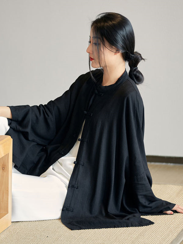 flowersverse Artistic Retro Loose Solid Color Linen Blouse