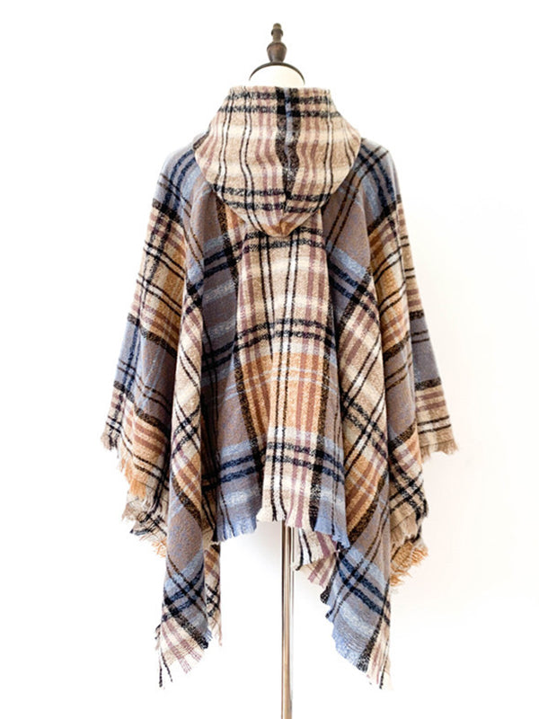flowersverse Fringed Hooded Keep Warm Plaid Shawl&Cloak Cape