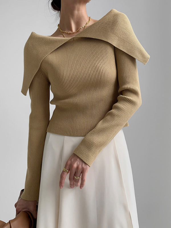 flowersverse Solid Color Long Sleeves Skinny Lapel Sweater Tops Pullovers Knitted Hats